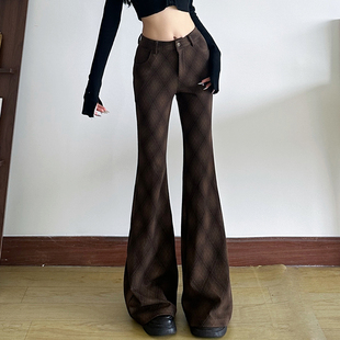 加厚保暖休闲裤 高腰提臀显瘦长裤 子女 复古菱格微喇裤 gagaopt冬季