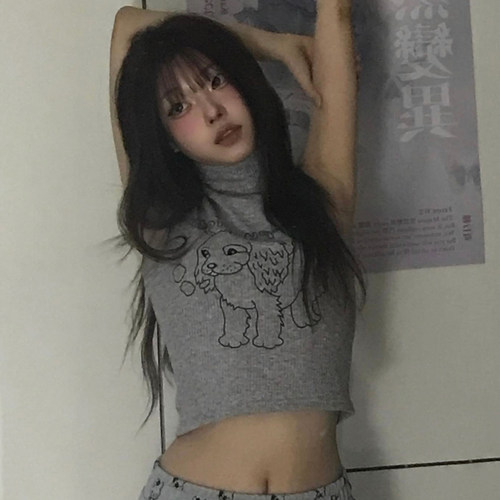 卡通印花gagaopt高领短款背心