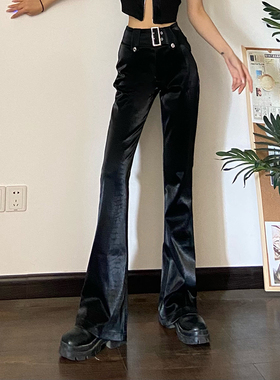 gagaopt自制新款鳞纹哑光黑色皮裤女修身显瘦高腰微喇裤配腰带春