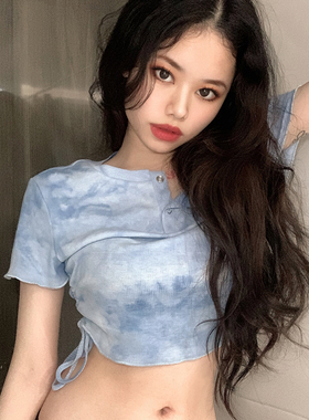 gagaopt自制新款蓝色扎染露肚脐t恤女夏系带褶皱修身chic上衣女潮
