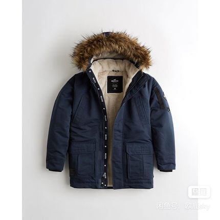 全新正品Hollister仿羊羔绒内衬潮流派克大衣保暖外套男士