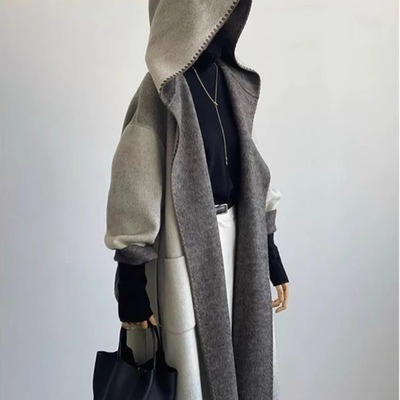 日系轻奢设计师款双面羊绒连帽大衣女2025秋冬季灰色渐变长款外套