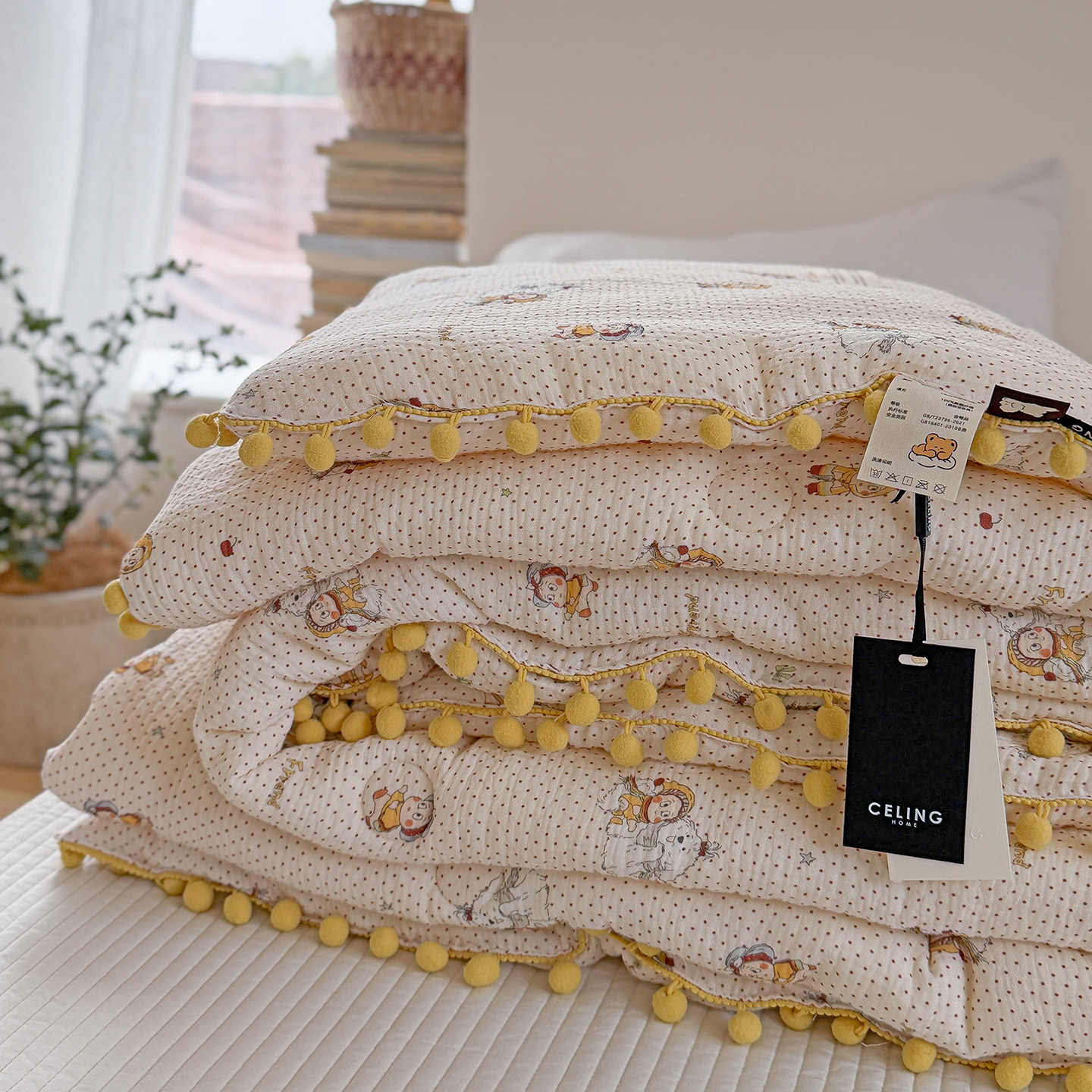 夏凉被纯棉全棉可机洗单人空调被双人夏被2026款球球边皱皱纱被子