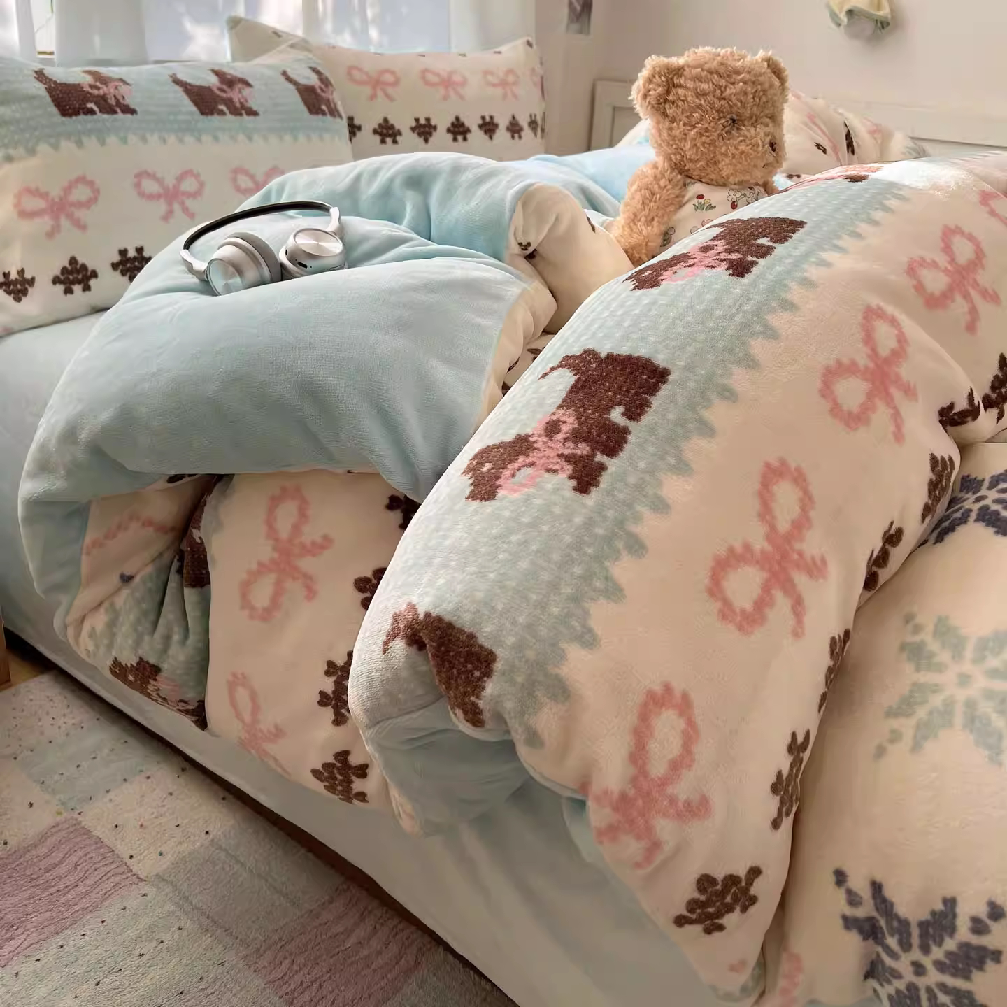 A类牛奶绒四件套冬季珊瑚绒厚被套床单加绒毛绒法兰绒床上三件套