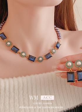 中古vintage项链镶钻方形拼接珍珠锁骨链中式复古高级感项饰品女