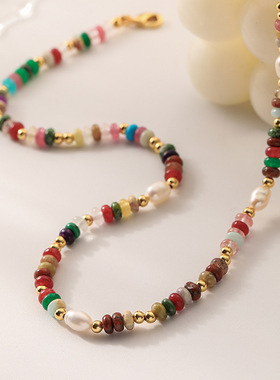复古彩色波西米亚算盘珠石头项链手工串珠高级感个性珍珠锁骨链女