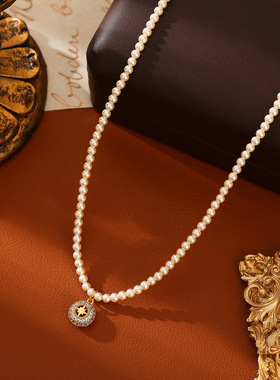 幸运镂空八芒星吊坠施家珍珠项链时尚百搭毛衣链高级感颈链饰品女