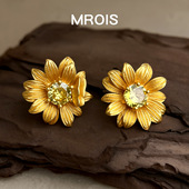 原创向日葵花朵镶锆石耳环镀18K真金保色925银针耳钉轻奢耳夹饰品