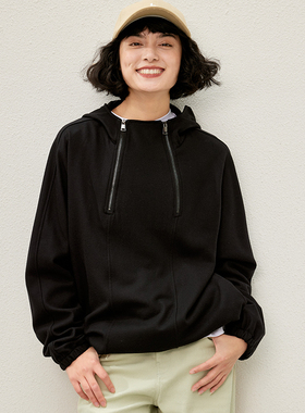 *WWY05056茉莉雅集大M百变造型双拉链半门襟羊毛连帽宽松长袖卫衣