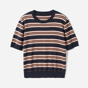 针织套衫 舒适透气全棉四平圆领条纹短袖 春夏女 茉莉雅集 WZT09091