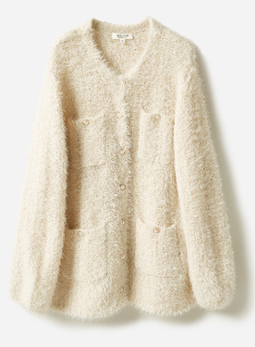 WZK04097茉莉雅集 真丝羊毛金银丝香*风圆领长开衫优雅女