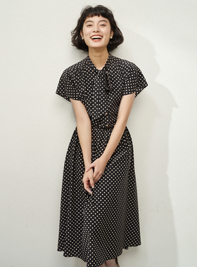 *WLQ06215 茉莉雅集 优雅步调复古法式波点印花绉感全真丝连衣裙