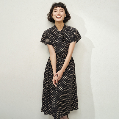 *WLQ06215 茉莉雅集 优雅步调复古法式波点印花绉感全真丝连衣裙