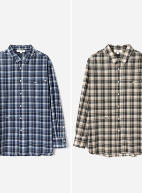 *WCS09044 茉莉雅集  45*R日系全棉翻领格纹落肩廓形长袖衬衫