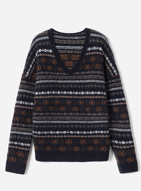 *WZT08326 茉莉雅集复古费尔岛提花进口Llama骆马大羊驼绒V领套衫