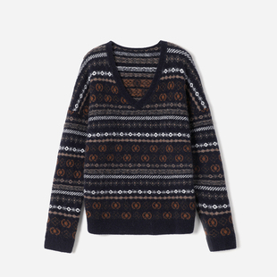 茉莉雅集复古费尔岛提花进口Llama骆马大羊驼绒V领套衫 WZT08326