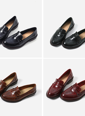 ED08050 茉莉雅集 复古英伦风擦色水洗马皮经典简约粗跟乐福鞋