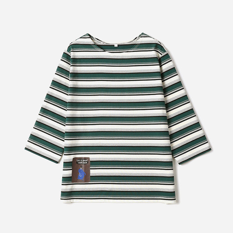*WTX08166 茉莉雅集 及时行乐卡通小人印花彩色条纹全棉七分袖T恤