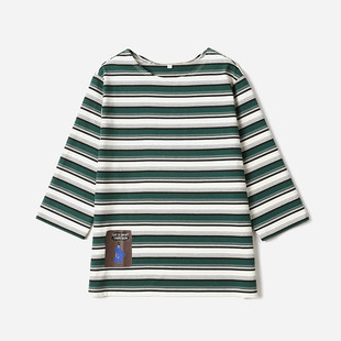 茉莉雅集 及时行乐卡通小人印花彩色条纹全棉七分袖 T恤 WTX08166