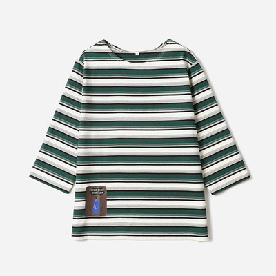 *WTX08166 茉莉雅集 及时行乐卡通小人印花彩色条纹全棉七分袖T恤