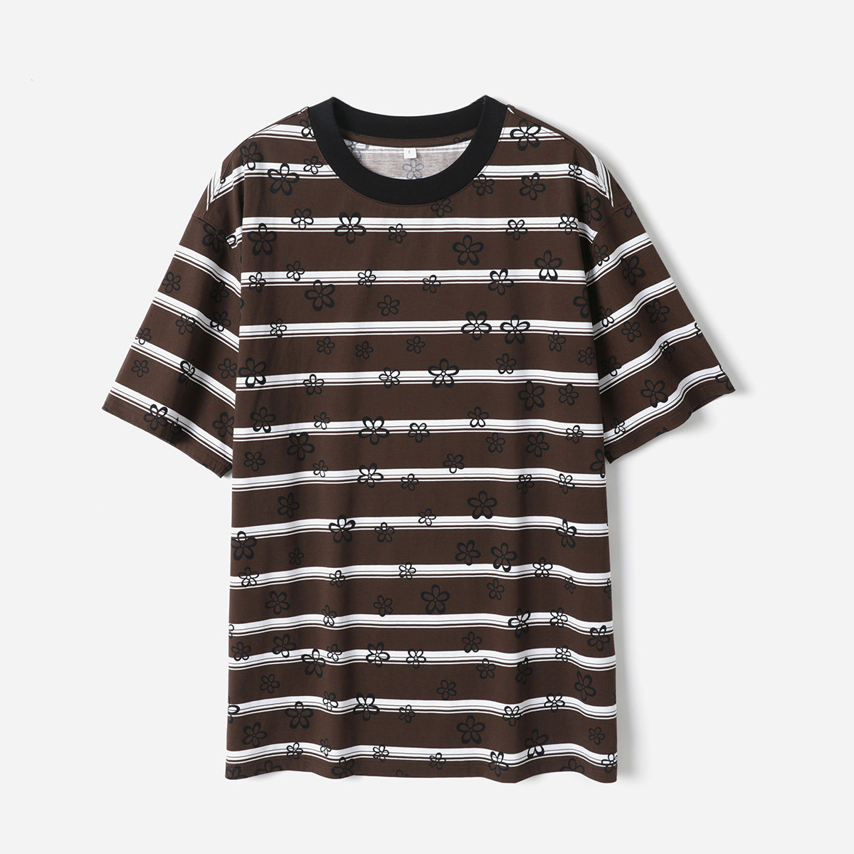 *WTX08202  茉莉雅集 匹马棉全棉圆领复古条纹印花廓形短袖T恤女