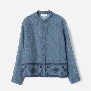 WCS09001 茉莉雅集 复古典雅全苎麻立领长袖绣花宽松条纹衬衫