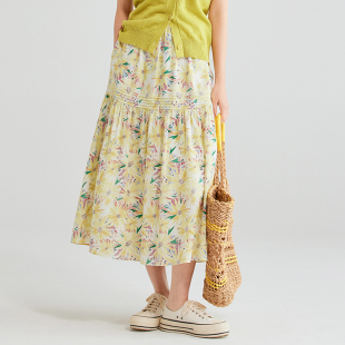 腰拼接A字半裙女 次第花开重酵素洗亚麻高支棉印花装 WBQ06082