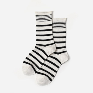 基础条纹含羊毛保暖舒适中筒袜早春女 经典 WSP08063 茉莉雅集