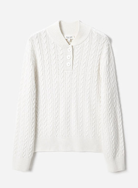 *WZT07347 茉莉雅集 雅致细腻小绞花棒球领半开襟全羊毛针织套衫