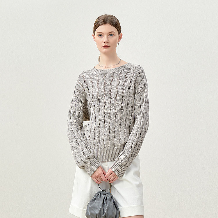 *WZT06242 茉莉雅集 B*C绞花镂空日本亚麻珠片圆领针织套衫女