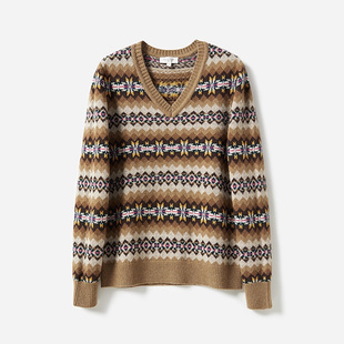 L全身重工费尔岛全羊毛V领针织套衫 茉莉雅集 毛衣 WZT06312