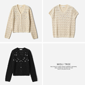 针织套衫 流光熠熠重工珠片镂空高支棉V领盖袖 茉莉雅集 WZT08200