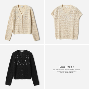WZT08200 茉莉雅集 流光熠熠重工珠片镂空高支棉V领盖袖针织套衫