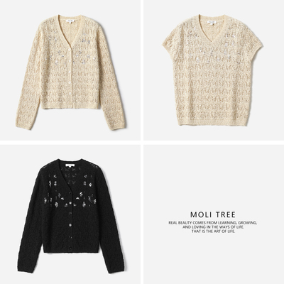 *WZT08200 茉莉雅集 流光熠熠重工珠片镂空高支棉V领盖袖针织套衫