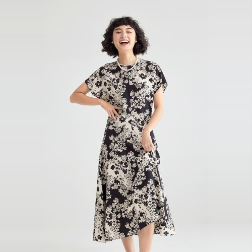 绉感全真丝印花连衣裙衬衫女