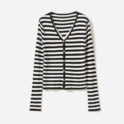 WZK04220 茉莉雅集120S精纺全羊毛条纹针织开衫假两件女