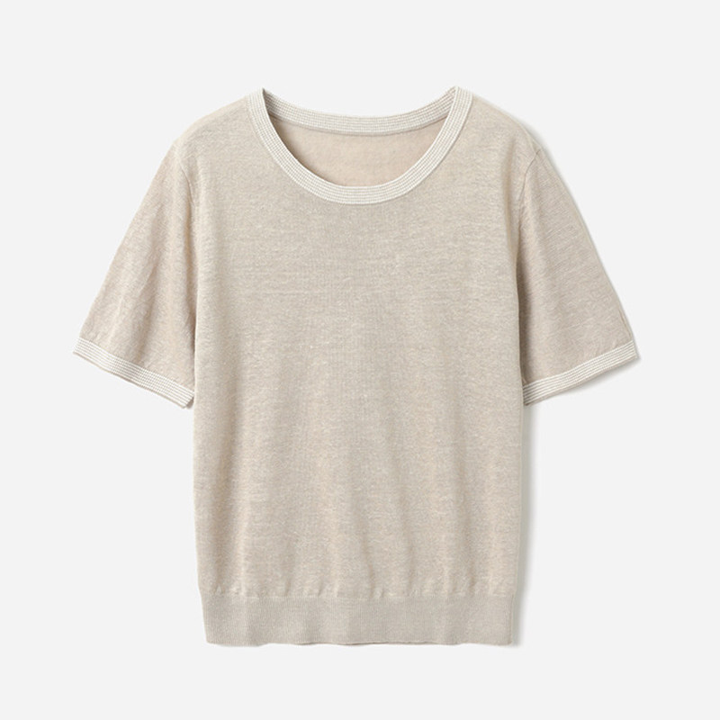 * WZT09114   清凉干爽透气全亚麻圆领撞色领短袖针织套衫女