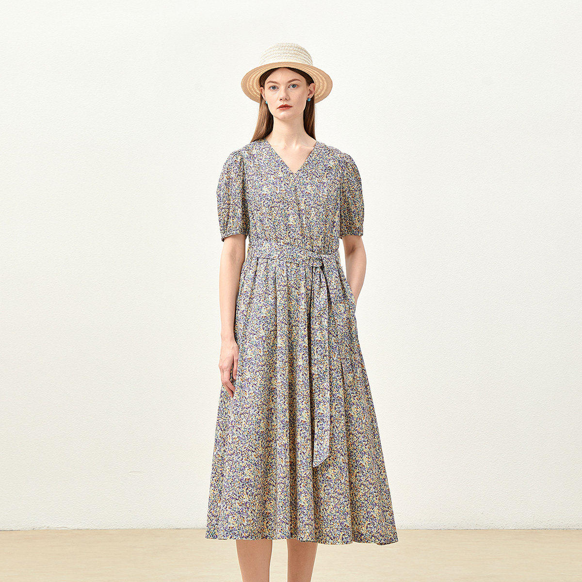 *WLQ06183 茉莉雅集 七彩糖果印花高支全棉V领系带A字连衣裙