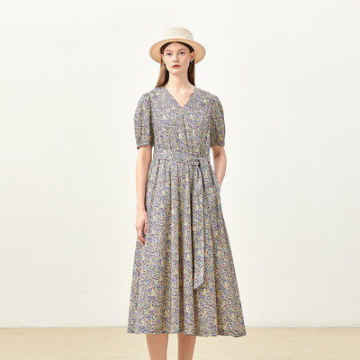 *WLQ06183 茉莉雅集 七彩糖果印花高支全棉V领系带A字连衣裙