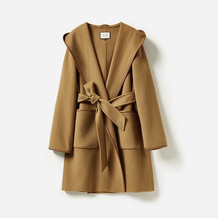 *WDY05037 H家拍卖级110支羊毛羊绒真皮包边连帽浴袍大衣女,女装/女士精品,毛呢外套,淘宝优惠券,粉丝福利购,淘宝优惠卷