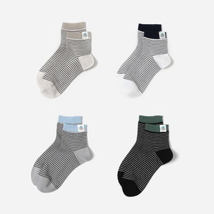 WWZ09010 真丝亚麻棉混纺卡通布标条纹撞色中筒袜 茉莉雅集