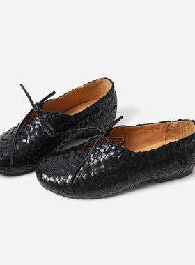 *ED08055 茉莉雅集 B*V法式复古重工手工编织羊皮圆头系带单鞋女