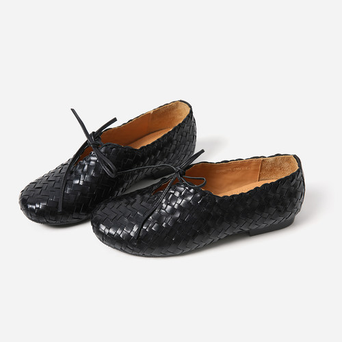 *ED08055 茉莉雅集 B*V法式复古重工手工编织羊皮圆头系带单鞋女