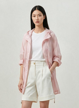 *WWT09064  P家轻透粉调连帽薄款落肩抽绳廓形户外休闲外套风衣女