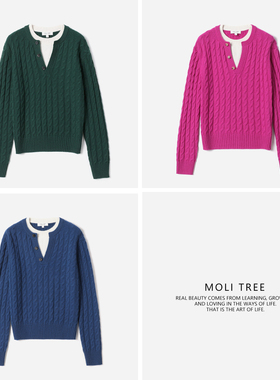 *WZT08341 茉莉雅集 R*L复古学院亨利领KVSS全羊绒绞花针织套衫女