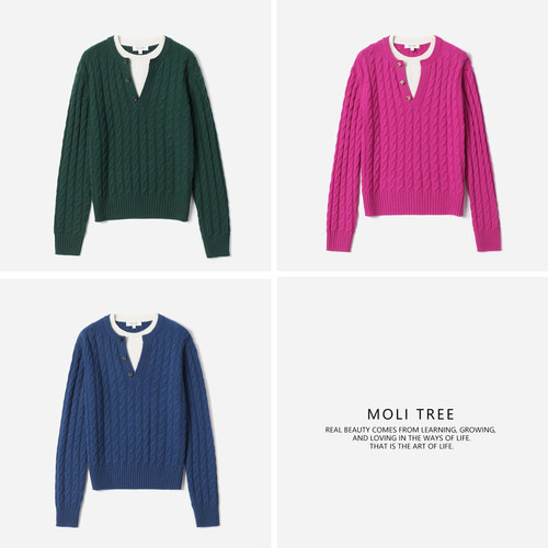 WZT08341 茉莉雅集 R*L复古学院亨利领KVSS全羊绒绞花针织套衫女