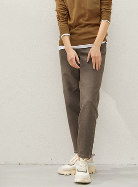 *WKZ05259 茉莉雅集 低调雅致B*C珠链双面异色棉弹牛仔锥形裤