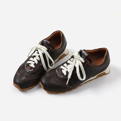 ED08041 茉莉雅集 B*V经典复古水洗马皮配马皮编织系带休闲德训鞋