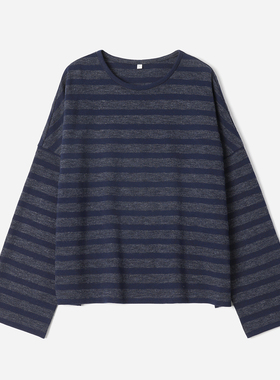 *WWY08050 茉莉雅集 复古花纱条纹温暖细腻高支棉舒适宽松廓形T恤