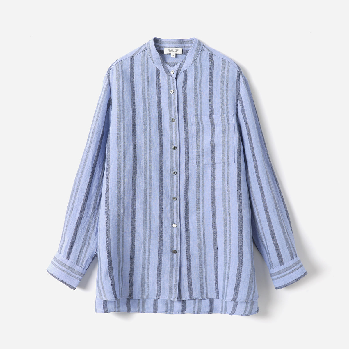 *WCS09016   日本料干爽透气舒适全亚麻条纹立领廓形长袖衬衫女